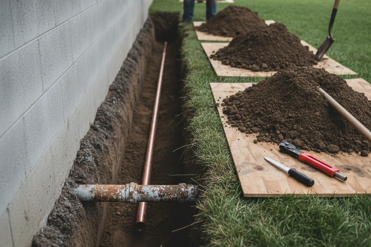 Excavated water line trench during Sewer Line Repair in Apison